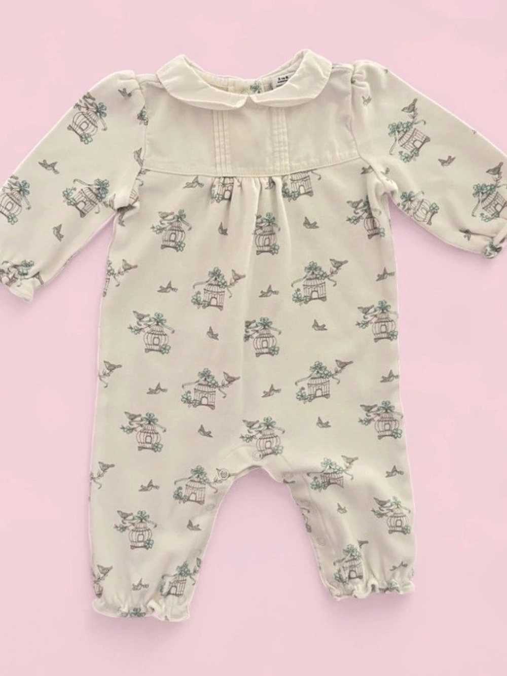 Janie and Jack Birdcage Print Baby Romper w/ Peter Pan Collar Sz 3-6 Months